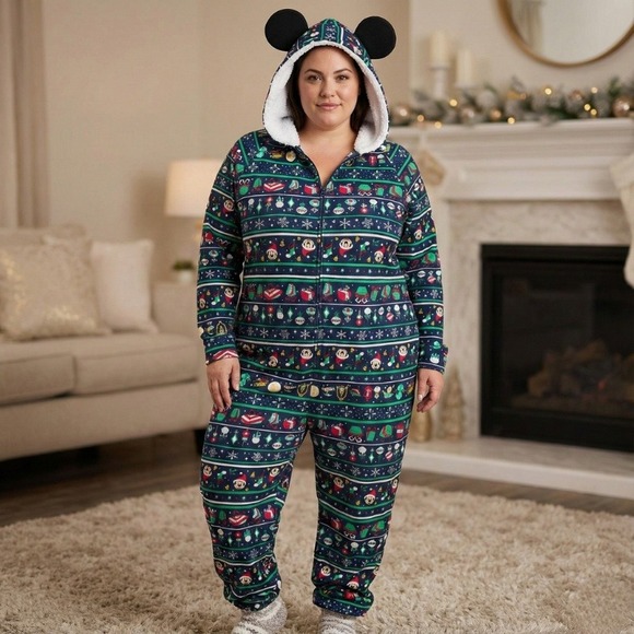 Disney Mickey Mouse Christmas Pajama Jumpsuit Footless Onesie Hooded Ears XXL - Picture 3 of 11